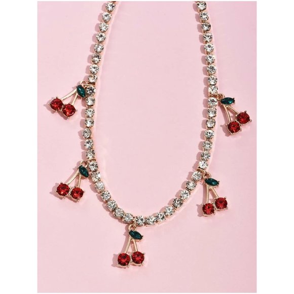 CHERRY CHARM BLING RHINESTONE CRYSTAL DECOR CHOKER NECKLACE 1 PIECE - Picture 3 of 3
